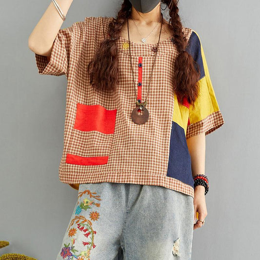 Vintage Cotton Linen Plaid Patch Designs Blouse
