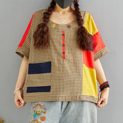 Vintage Cotton Linen Plaid Patch Designs Blouse