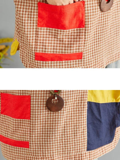 Vintage Cotton Linen Plaid Patch Designs Blouse