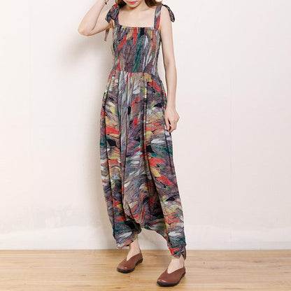 Vintage Cotton Print Drawstring Loose Jumpsuit
