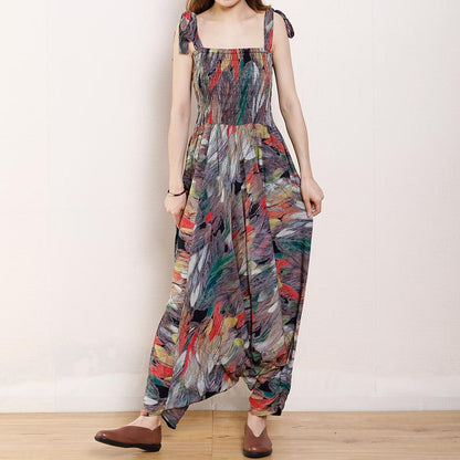 Vintage Cotton Print Drawstring Loose Jumpsuit