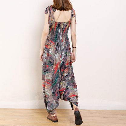 Vintage Cotton Print Drawstring Loose Jumpsuit