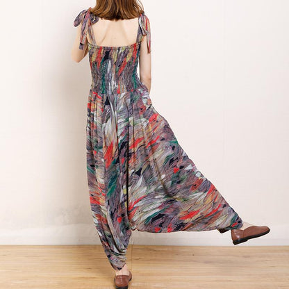 Vintage Cotton Print Drawstring Loose Jumpsuit