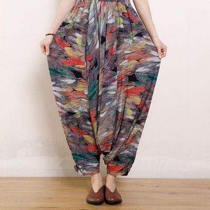 Vintage Cotton Print Drawstring Loose Jumpsuit