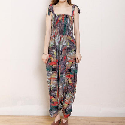 Vintage Cotton Print Drawstring Loose Jumpsuit