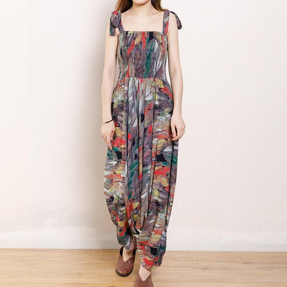 Vintage Cotton Print Drawstring Loose Jumpsuit