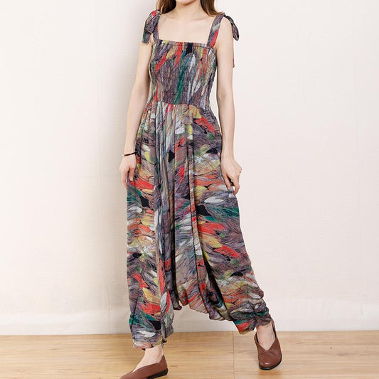 Vintage Cotton Print Drawstring Loose Jumpsuit