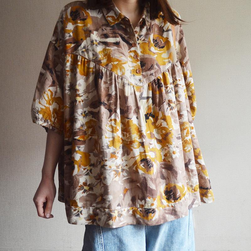 Vintage Cotton Print Short Sleeve Blouse