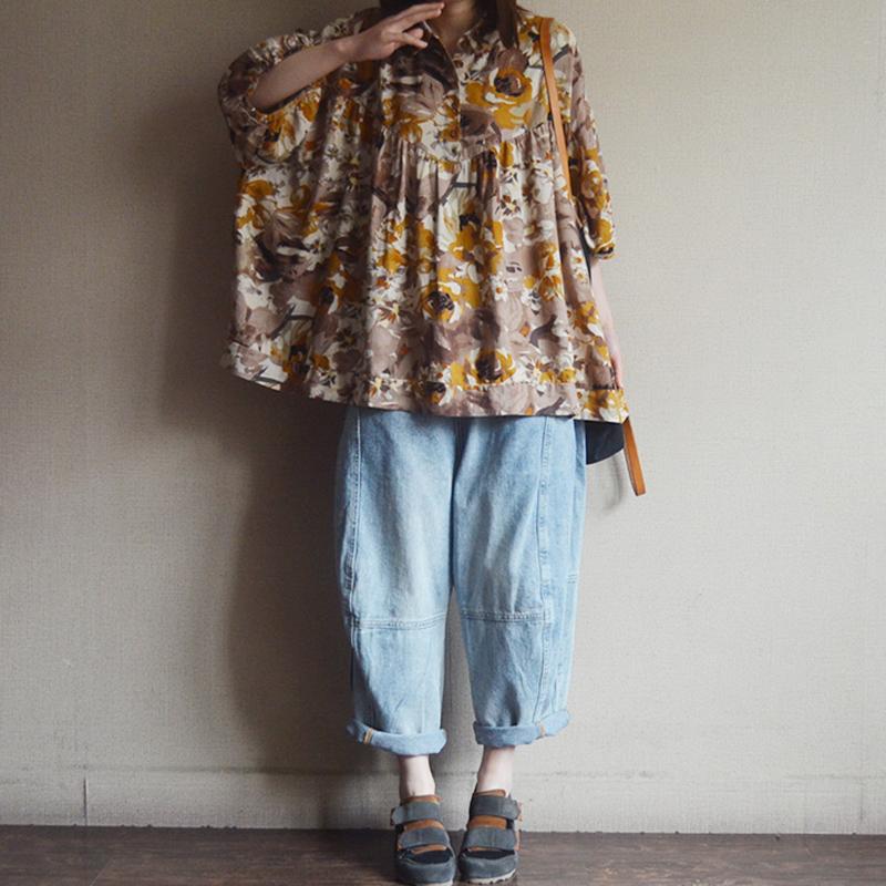 Vintage Cotton Print Short Sleeve Blouse