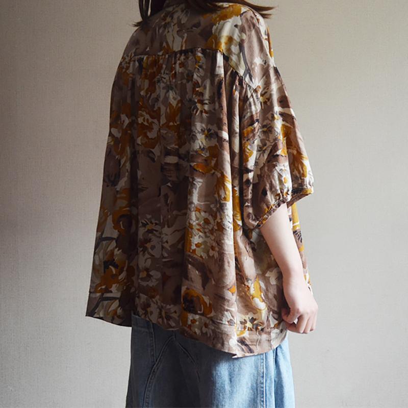 Vintage Cotton Print Short Sleeve Blouse