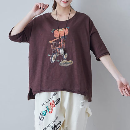 Vintage Cotton Round Neck Loose Print Blouse