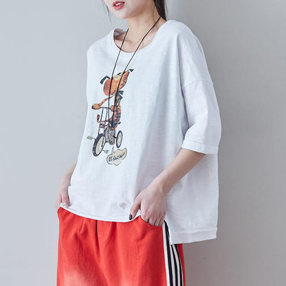 Vintage Cotton Round Neck Loose Print Blouse