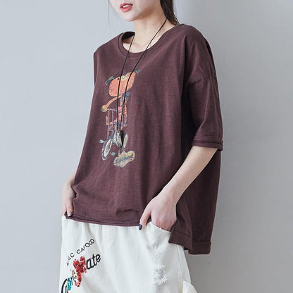 Vintage Cotton Round Neck Loose Print Blouse