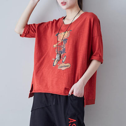 Vintage Cotton Round Neck Loose Print Blouse