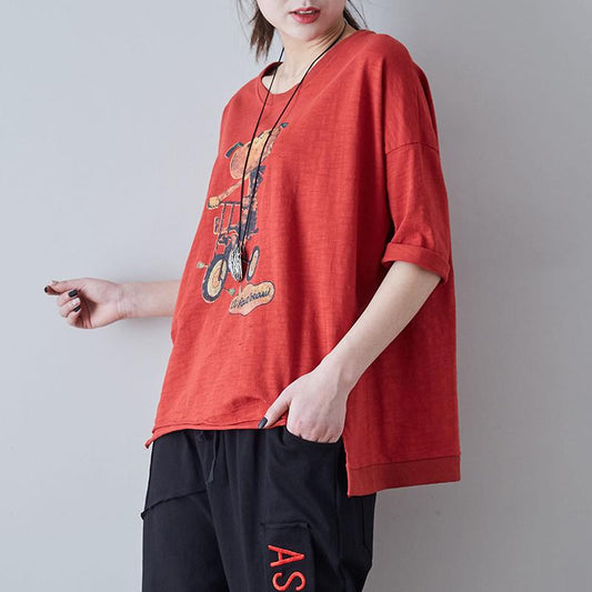 Vintage Cotton Round Neck Loose Print Blouse