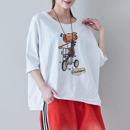 Vintage Cotton Round Neck Loose Print Blouse