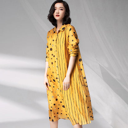 Vintage Dot Spliced Striped Silk Plus Size Dress
