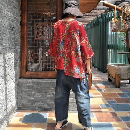 Vintage Floral Print Comfortable Irregular Blouse