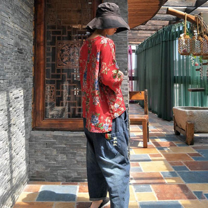 Vintage Floral Print Comfortable Irregular Blouse