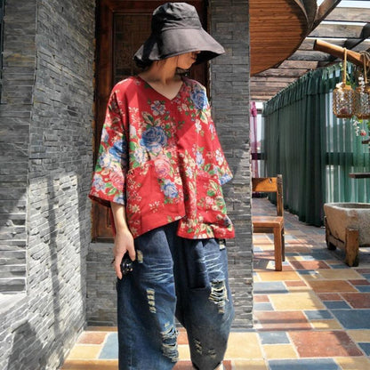 Vintage Floral Print Comfortable Irregular Blouse