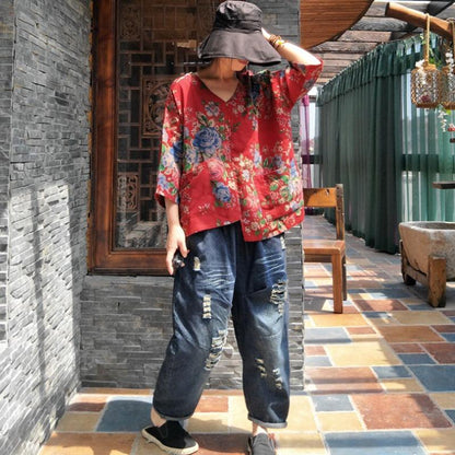 Vintage Floral Print Comfortable Irregular Blouse