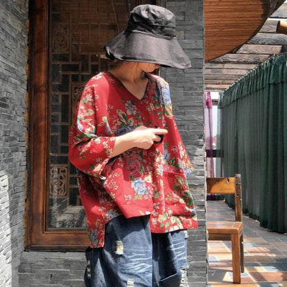 Vintage Floral Print Comfortable Irregular Blouse