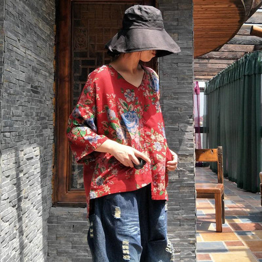 Vintage Floral Print Comfortable Irregular Blouse