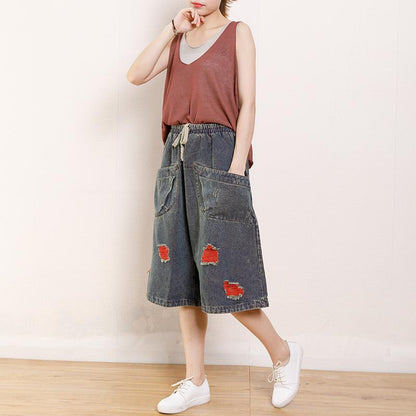 Vintage Hole Pockets Calf-Length Jeans