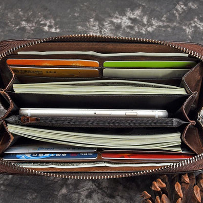 Vintage Leather Hand-Made Zipper Clutch Handbag