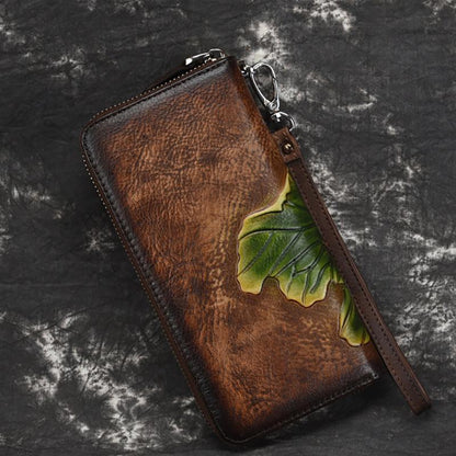 Vintage Leather Hand-Made Zipper Clutch Handbag