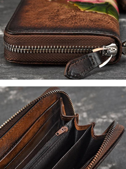 Vintage Leather Hand-Made Zipper Clutch Handbag