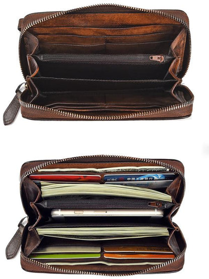 Vintage Leather Hand-Made Zipper Clutch Handbag