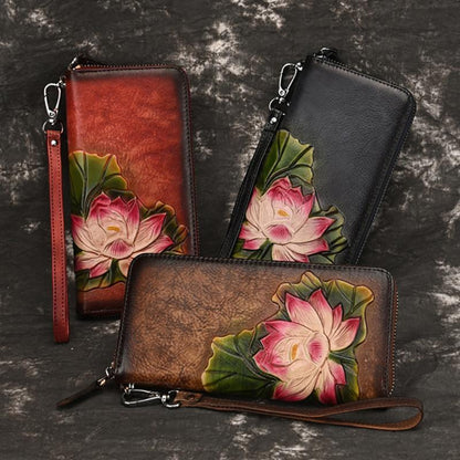 Vintage Leather Hand-Made Zipper Clutch Handbag