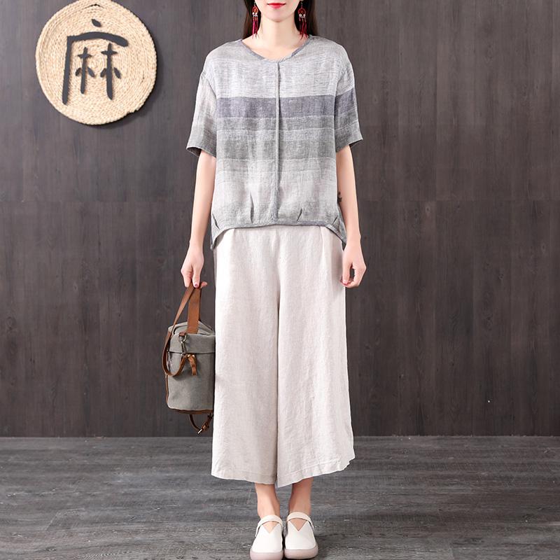 Vintage Linen Cotton Linen Short Sleeve Blouse