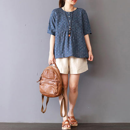 Vintage Linen Plaid Short Sleeve Blouse