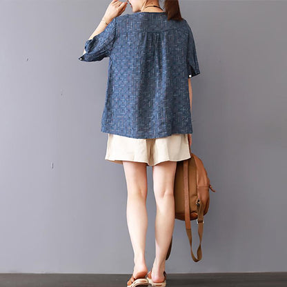 Vintage Linen Plaid Short Sleeve Blouse