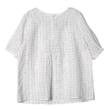 Vintage Linen Plaid Short Sleeve Blouse