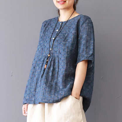 Vintage Linen Plaid Short Sleeve Blouse