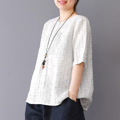 Vintage Linen Plaid Short Sleeve Blouse