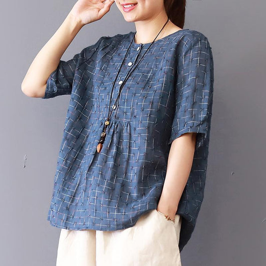 Vintage Linen Plaid Short Sleeve Blouse