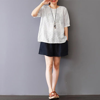 Vintage Linen Plaid Short Sleeve Blouse