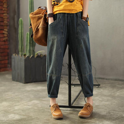 Vintage Loose Elastic Waist Spliced Distressed Jeans
