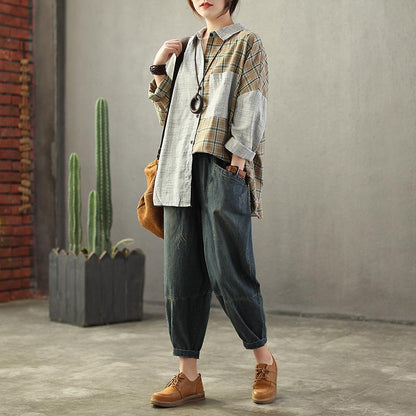 Vintage Loose Elastic Waist Spliced Distressed Jeans