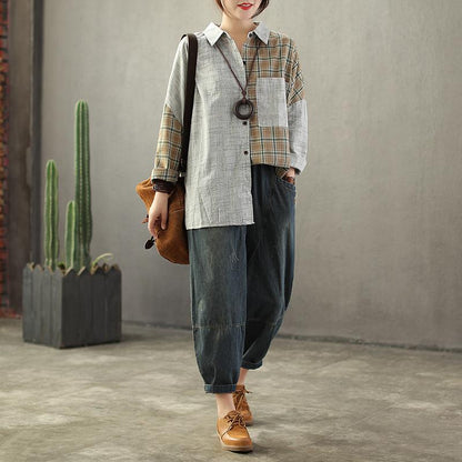 Vintage Loose Elastic Waist Spliced Distressed Jeans