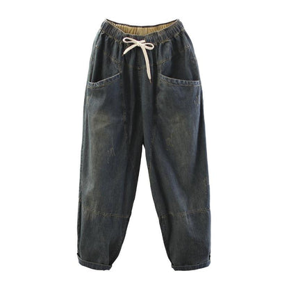 Vintage Loose Elastic Waist Spliced Distressed Jeans
