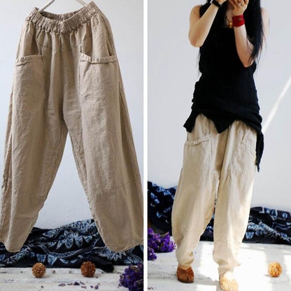 Vintage Loose Linen Elastic Waist Cross-pants