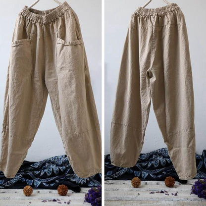 Vintage Loose Linen Elastic Waist Cross-pants