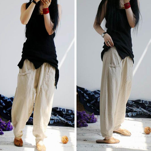 Vintage Loose Linen Elastic Waist Cross-pants
