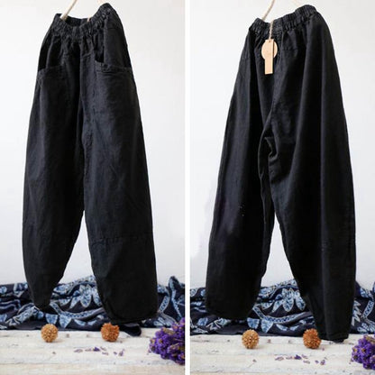 Vintage Loose Linen Elastic Waist Cross-pants