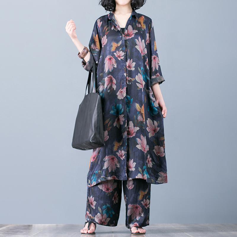 Vintage Loose Shirt And Wide Leg Pants Suit